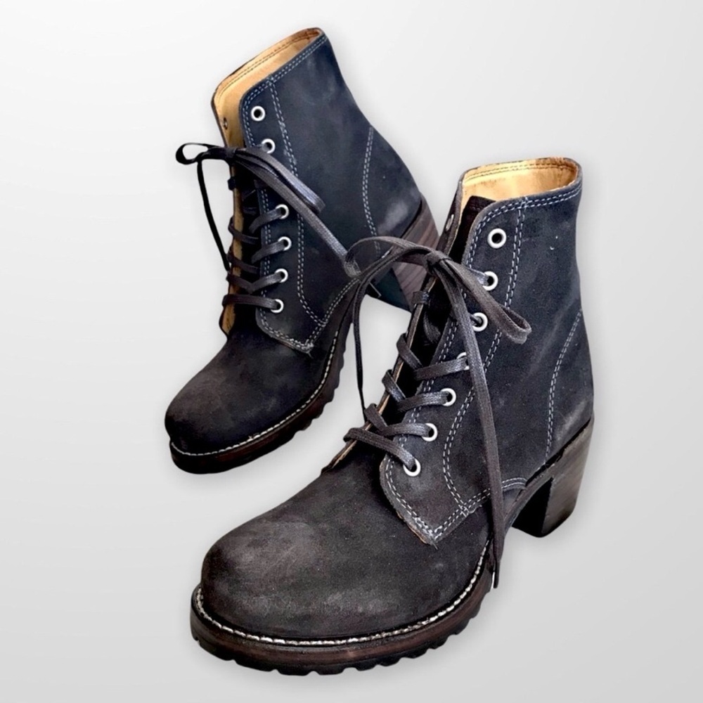 RARE Frye Sabrina 6G Grey Suede/Leather Lace Up Combat Moto Heeled Ankle Booties - Picture 2 of 7
